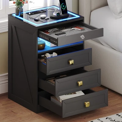 LED Nightstand with Gun Drawer and Charging Station, End Table for Bedroom Black - Image 1 of 4