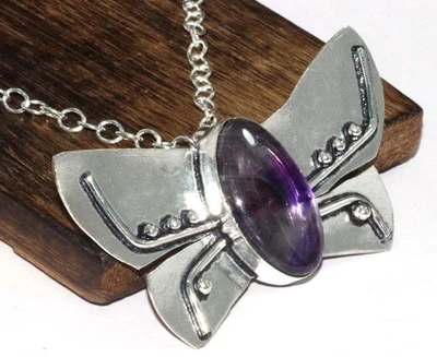 Butterfly Natural Amethyst 925 Silver Plated Gemstone Necklace 18" GW - Image 1 of 3