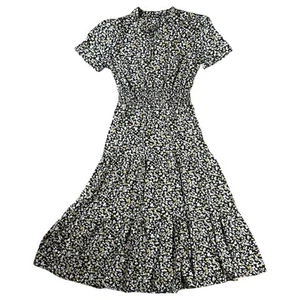 BTFBM Boho Dress Floral Print Tie V Neck Short Sleeve A-Line Midi Dress size M - Picture 1 of 6