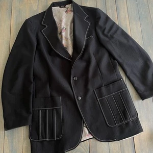 Vintage 1970s Rockabilly Dress Suit Jacket Black w/White Embroidery Trim (Ins) - Picture 1 of 15