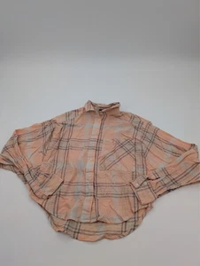 Free People XS Cutie Oversized Crop Plaid Orange peach pastel batwing Shirt Flaw - Picture 1 of 12