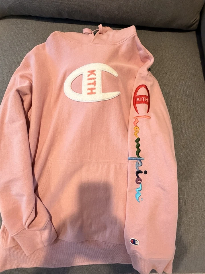 Kith x Champion Pink Script Hoodie - Men's Larg Fleece Pullover - Image 1 of 1