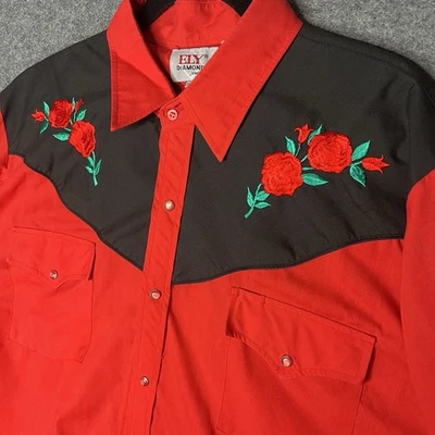 Camisa De Colección Ely Diamond Western Ranch Para Hombre Talla 2XL Rosas Rojas Botones a Presión Foto 1 de 4