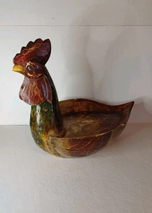 Handcrafted Wooden Rooster-Shaped Bowl Decorative Folk Art Made in Indonesia - Picture 1 of 9