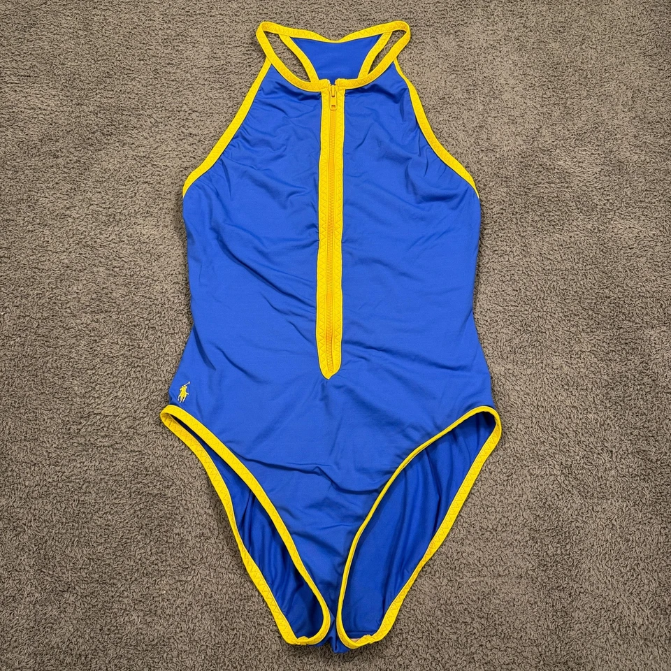 Ralph Lauren Swimsuit Womens 14 Blue Yellow Zip Front One Piece Racerback Sport - Image 1 of 4