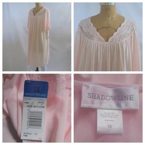 NWT SHADOWLINE Pink Nylon Sheer Short Full Nightgown Floral Embroidery Lace 1X - Picture 1 of 8