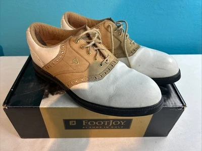男式 FootJoy 干高尔夫鞋白色和棕色皮革马鞍 9.5 码 — 第 1/4 张图片