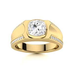 IGI Lab Grown 1.20 Ct Cushion Diamond Mens Engagement Band 14K Gold Yellow Ring - Picture 1 of 10