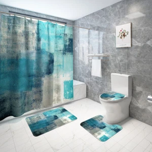 Cubierta de asiento de inodoro con cortina de ducha azul abstracta para baño alfombra de piso - Imagen 1 de 17