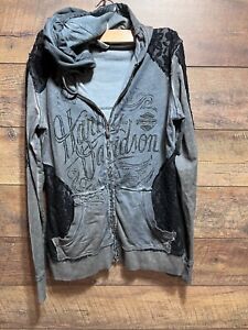 Harley Davidson Lace Black Gray Zip Up Hoodie Sweatshirt Small Women's