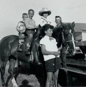 Group Of Children In Cowboys Boots Sitting On Horse B&W Photograph 3.5 x 3.5 - Picture 1 of 3