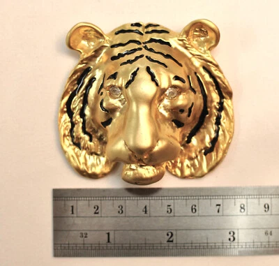 Big Doreen Ryan Tiger Head Brooch Finished Gold Tone Rhinestone Eyes Unsigned - Image 1 of 4
