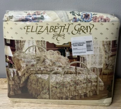 Sábana Ajustable Vintage Elizabeth Gris Victoria Doble JCPenney Encaje Floral Percal Foto 1 de 2