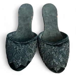 Vintage Peranakan Nyonya Beaded Velvet Kasut Manik Slippers Black - Size 6.5 - Picture 1 of 8