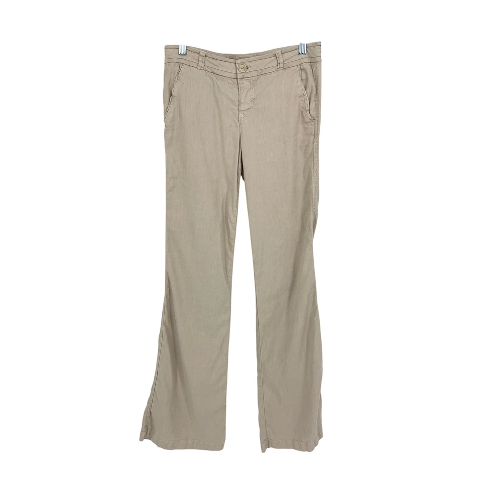 Calça feminina Level 99 perna alargada tamanho 27 bege acastanhado mistura de linho cintura baixa - Imagem 1 de 4