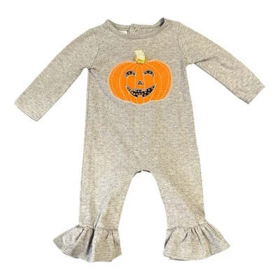 Mud Pie Baby's Halloween Jumpsuit Pumpkin Appliqué Ruffle Hem Gray Size 6-9M - Image 1 of 4