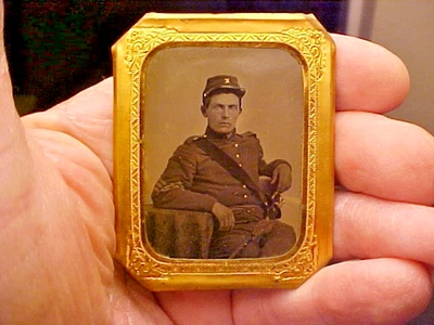 Civil War Tintype 1/9 Photograph Soldier NCO w/Sword, Sash, "K" Kepi Fancy Case - Image 1 of 4