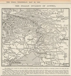Mapa periodístico de la invasión italiana de Austria de la Primera Guerra Mundial de 1915 - Imagen 1 de 1