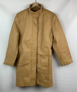 Metro Style Coat Camel Leather Stand Collar Buttons Snaps Pockets Lined Sz 14 - Picture 1 of 11