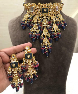 Indian Bollywood Style CZ AD Kundan Choker Necklace Earrings Blue Jewelry Set