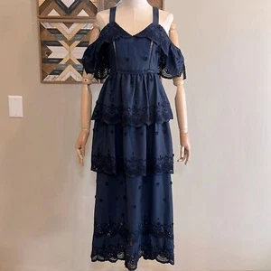 Self-Portrait Long Navy Blue Off-Shoulder Tiered Ruffle Lace Dress 6 - Picture 1 of 9