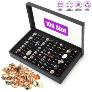 100 Slot Jewelry Ring Display Organizer Tray Earrings Storage Boxe W/Clear Cover - Picture 1 of 12