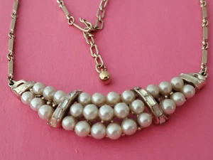 Coro faux pearl and baguette Rhinestone Choker Necklace 15-17" Unsigned Beaty S7 - Picture 1 of 4
