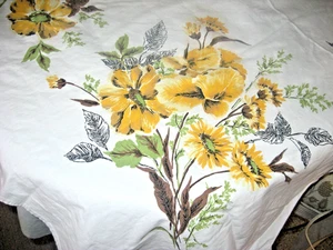 Mantel estampado algodón blanco vintage ~ amarillo floral con verde ~ negro ~ marrón 58"x78" - Imagen 1 de 6
