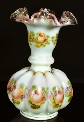 Vintage Fenton Charleton Peach Crest Melon Vase Handpainted Roses Gold Trim 6.5" - Image 1 of 4
