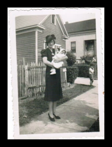 Vintage Photo Woman Holding Baby in Black Dress Black & White 1940's 3.5" x2.5" - Picture 1 of 1