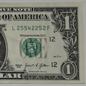 Trinary Note 2021 $1 Dollar Bill L25542252F Fancy Serial Number (B344) ShipsFree - Picture 1 of 4