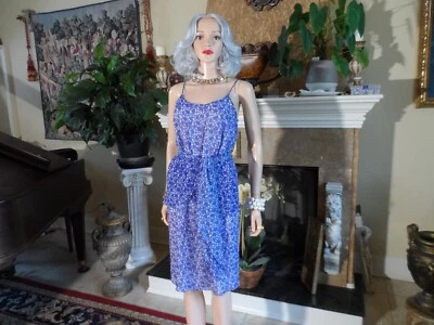 Vestido Derek Cordero Estampado Azul/Blanco 100% Seda Gasa con Cintura Detalle Sach Talla 4 Foto 1 de 4