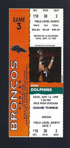 JOHN ELWAY JERSEY RETIREMENT 1999 NFL DOLPHINS @ DENVER BRONCOS FULL TICKET Cover