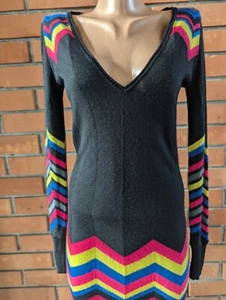 PIED A TERRE Sz UK 10 wool Blend black rainbow bodycon long sleeve knit dress - Picture 1 of 14