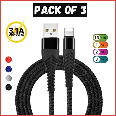 USB to iPhone Cable Heavy Duty Braided Long Fast Charger Lead 14 13 12 11 X 8 SE - Image 1 of 4