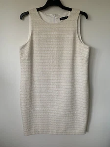 TRENT NATHAN SCOOP NECK LINED TWEED WHITE & GOLD SHIMMER SHIFT DRESS SIZE 16 AU - Picture 1 of 3