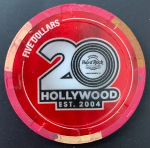 20TH ANNIVERSARY $5 CASINO COMMEMORATIVE CHIP HARDROCK HOLLYWOOD, FL EST. 2004 - Picture 1 of 2