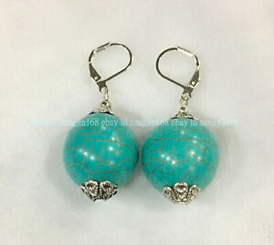Natural 8/10/12mm Blue Turquoise Round Gemstone beads Silver Hook Dangle Earring