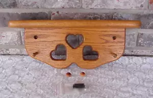 Vintage Oak Wall Shelf Heart Cut Outs Pegs Handcrafted Wood 15" L Medium Stain - Picture 1 of 13