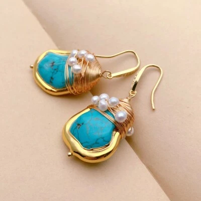 Blue Turquoise Cultured White Pearl Gold Plated Twist Hook Dangle Earrings Stone - Image 1 of 4
