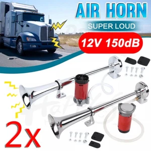 150db 12V Chrome 2X Super Loud Single Trumpet Air Horn Kit Truck Lorry Boat - Picture 1 of 14