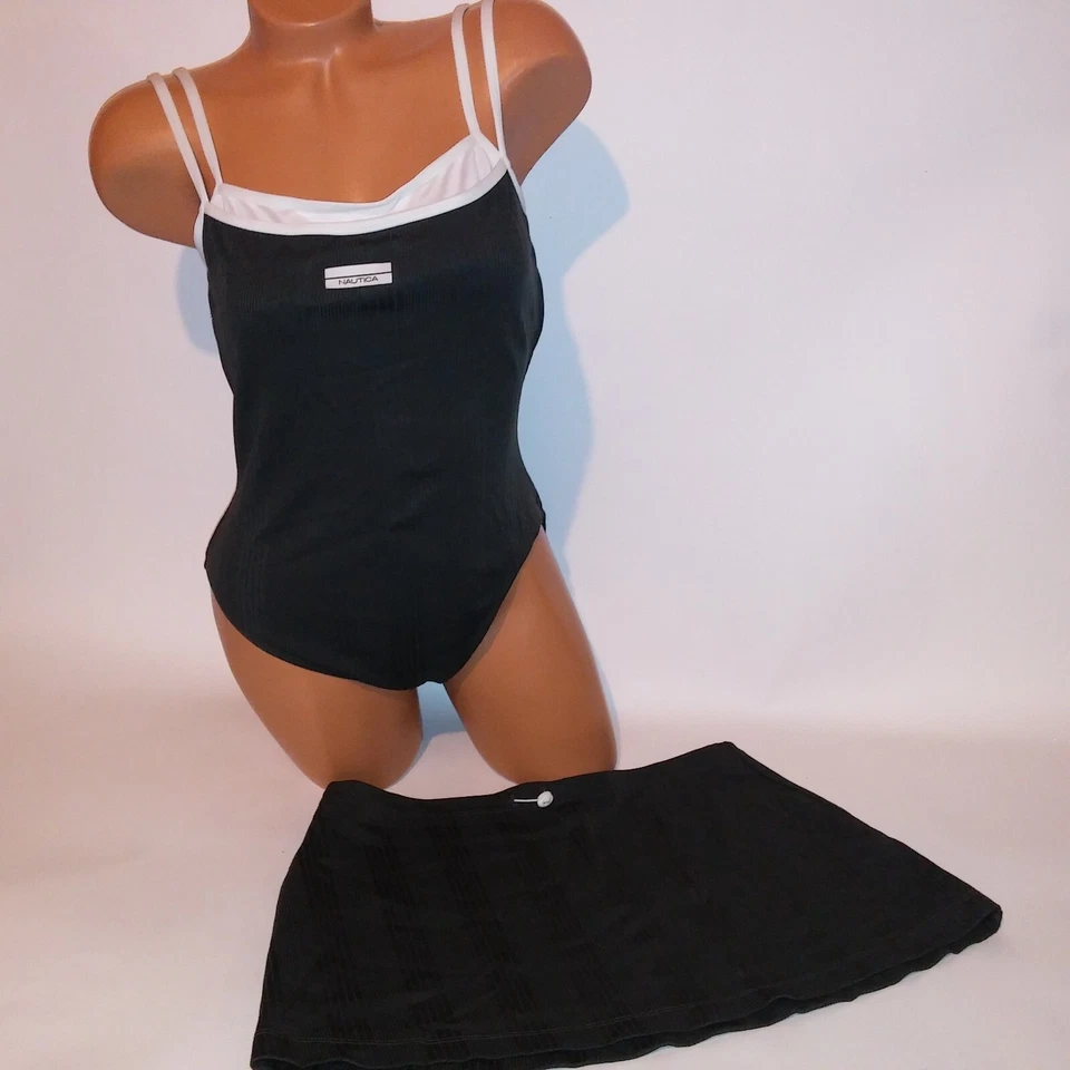 Nautica Swim Set Size 14 One Piece Large Skirt Green White Ribbed Wireless - Image 1 of 4