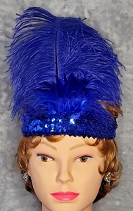 Blue Feather Blue Sequin Headband Flapper Showgirl Stretch Adjustable - Picture 1 of 6