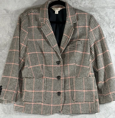 Vintage LL Bean Women's Large Houndstooth Blazer Sport Coat White Black & Pink - Image 1 of 4