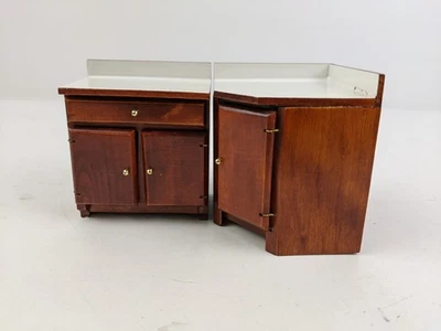 Vintage Dollhouse Miniature Kitchen Corner Counter Cabinet Brown White AS IS - Image 1 of 4