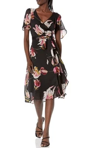 DKNY Damen schwarz Blumen Midi Flatterärmel Wickelkleid UVP 59,95 - Bild 1 von 3