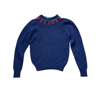 Vintage 70s Navy Strawberry Cottagecore Wool Knit Mockneck Sweater XS/S - Image 1 of 4