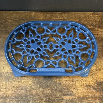 Le Creuset Trivet Warmer Pot Stand Cast Iron Enamel Candle Blue Oval France - Image 1 of 4