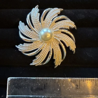 Vintage Signed Sarah Coventry Silver Swirl Brooch Pin Faux Pearl 2.3" - Image 1 of 3