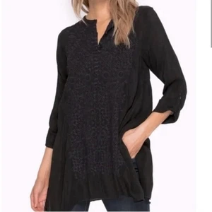 Johnny Was Rona Tunic Womens Small Black Sheer Embroidered Shark Bite Hem Boho - Picture 1 of 13